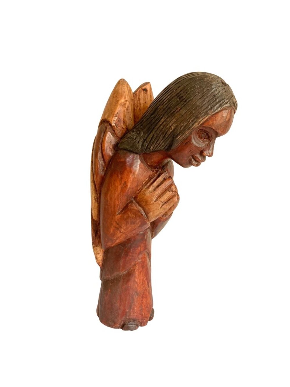 Hand Carved Wooden Praying Angel Sculpture Figurine 13 in